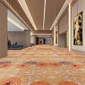 Elegant Hotel Corridor With Colorful Patterned Carpet Modern Wall Decorations Soft Lighting And Comfortable Sofa 3d model