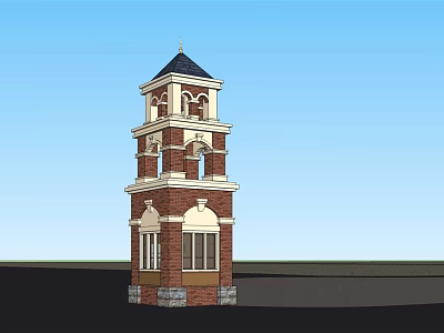 Classical Brick Tower With Multi Story Structure Black Roof And Arched Windows 3d model