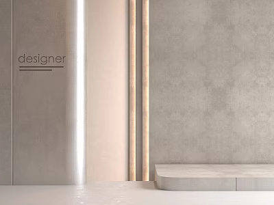 Minimalist Designer Wall With Concrete Texture Wooden Strips And Ambient Lighting Stone Bench 3d model