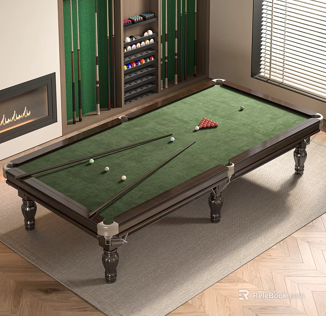 Billiard Table With Green Felt Surface Balls Cue Sticks Triangle Rack And Fireplace In Room 3d model 