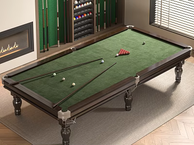 Billiard Table With Green Felt Surface Balls Cue Sticks Triangle Rack And Fireplace In Room 3d model