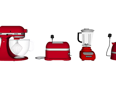 Stylish Red Kitchen Appliances Including Stand Mixer Toaster Blender And Electric Kettle 3d model