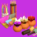 Vibrant Traditional Firecrackers Clay Jars And Decorative Wrappings On Purple Background