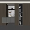 Modern Walnut Wood Bookcase Design With Open Shelves LED Lighting And Closed Cabinets