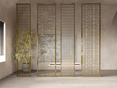 Golden Geometric Grid Room Divider In Modern Interior With Potted Olive Tree And Abstract Painting 3d model