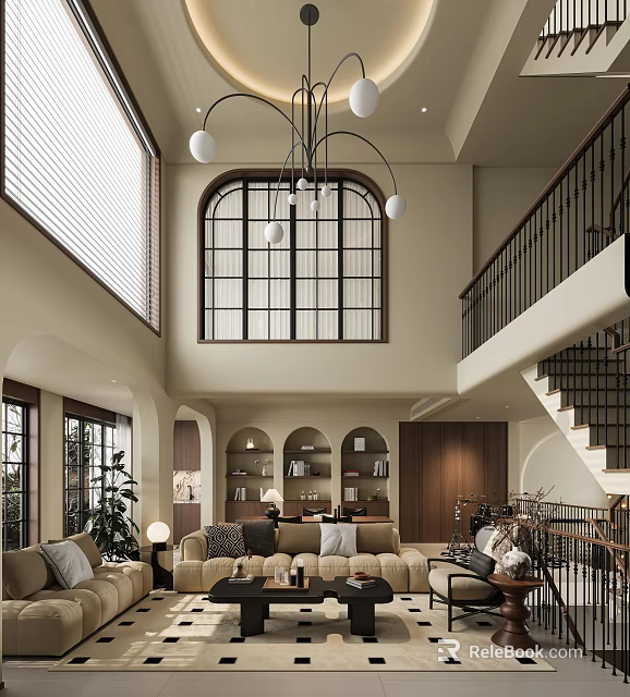 Elegant Spacious Living Room With High Ceiling Arched Window Chandelier And Bookshelves 3d model 