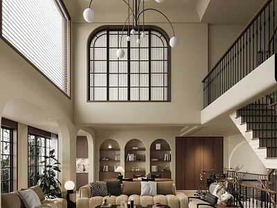 Elegant Spacious Living Room With High Ceiling Arched Window Chandelier And Bookshelves 3d model
