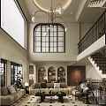 Elegant Spacious Living Room With High Ceiling Arched Window Chandelier And Bookshelves