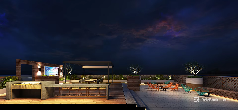 Outdoor Rooftop Lounge Area With Seating Dining Space And Night Sky View” 3d model 