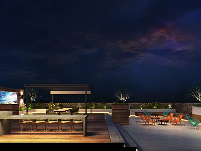 Outdoor Rooftop Lounge Area With Seating Dining Space And Night Sky View” 3d model