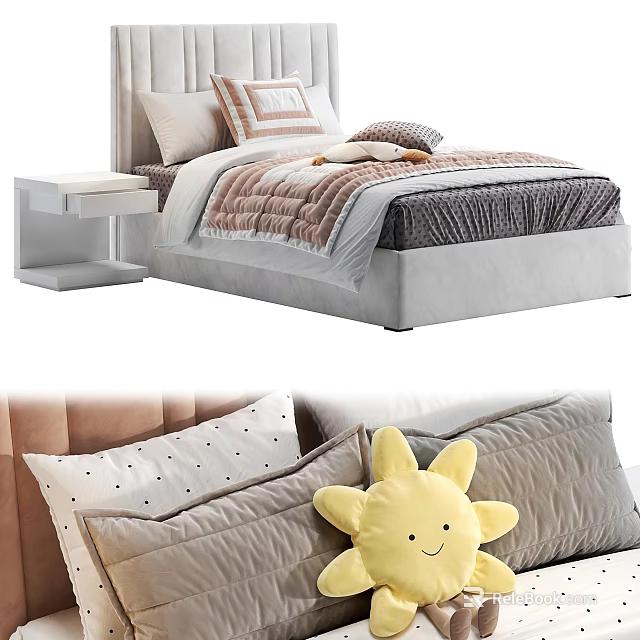 Modern Comfortable Kids Bed With Upholstered Headboard Colorful Pillows And Stuffed Toy 3d model 