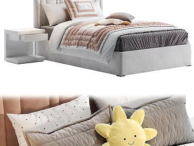 Modern Comfortable Kids Bed With Upholstered Headboard Colorful Pillows And Stuffed Toy 3d model