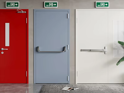 Colored Doors Red Blue White With Green Safety Signs Plant And Magazine On Floor 3d model