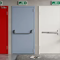 Colored Doors Red Blue White With Green Safety Signs Plant And Magazine On Floor