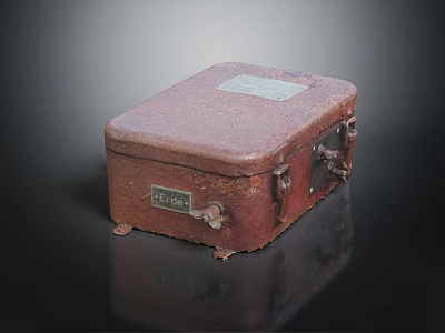 Rusty Metal Equipment Box With Label And Latches On Reflective Surface 3d model