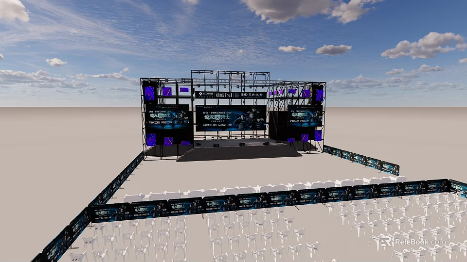 Outdoor Stage Setup With Lighting Equipment Screens And White Seating Arrangement 3d model 
