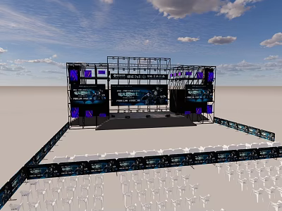 Outdoor Stage Setup With Lighting Equipment Screens And White Seating Arrangement 3d model