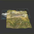 3D Scenery of Mountain Terrain with Green Slopes Yellow Areas and White Covering