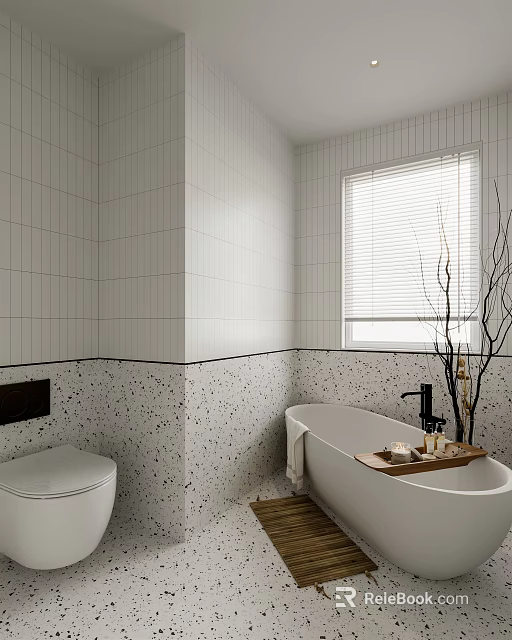 Modern Bathroom Interior Design With White Tile Walls Terrazzo Bathtub Toilet And Window Blinds 3d model 