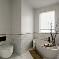 Modern Bathroom Interior Design With White Tile Walls Terrazzo Bathtub Toilet And Window Blinds