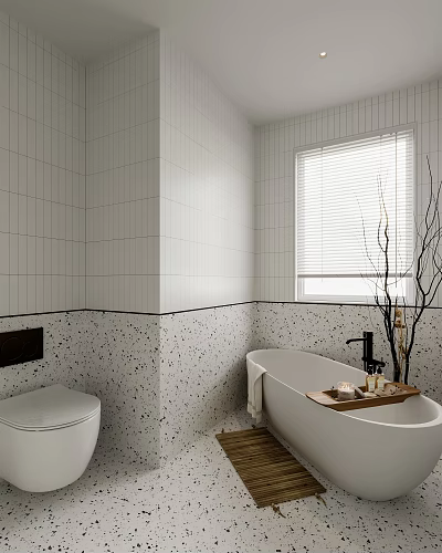 Modern Bathroom Interior Design With White Tile Walls Terrazzo Bathtub Toilet And Window Blinds 3d model