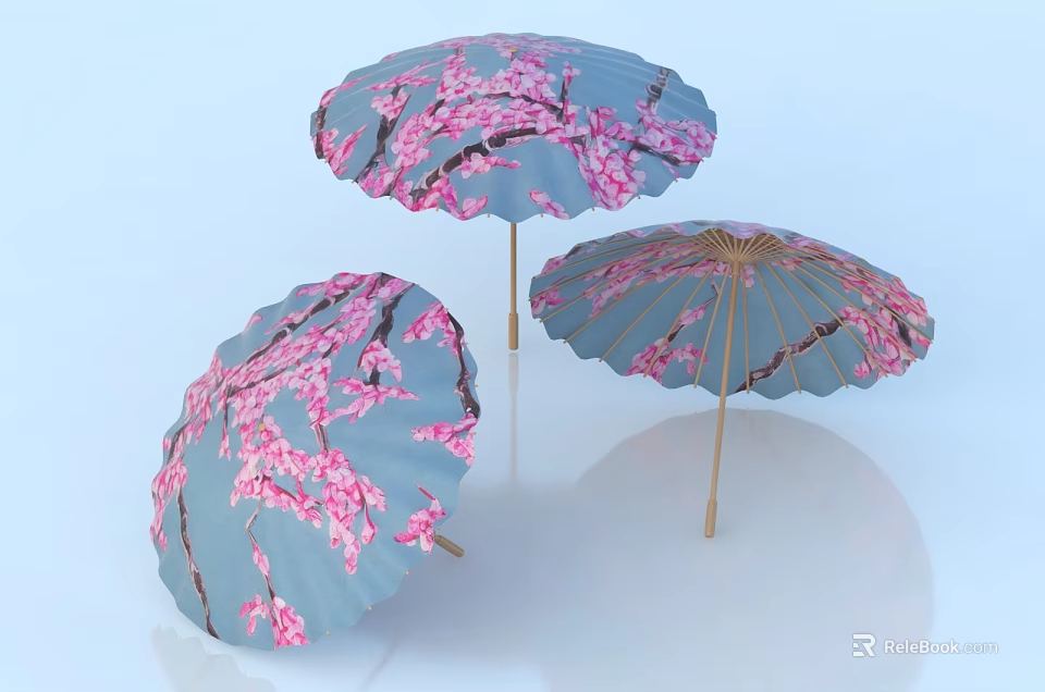 Blue Umbrellas With Pink Cherry Blossom Patterns And Wooden Frames For Daily Living Essentials 3d model 