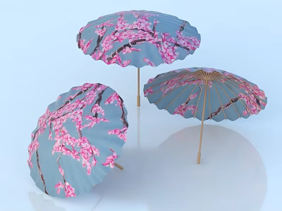 Blue Umbrellas With Pink Cherry Blossom Patterns And Wooden Frames For Daily Living Essentials 3d model