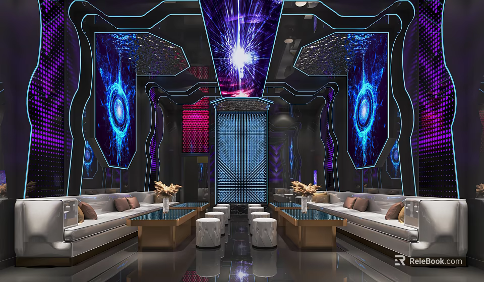 Modern KTV Lounge Interior With Purple Blue Neon Lights And Comfortable Sofas Coffee Tables 3d model 