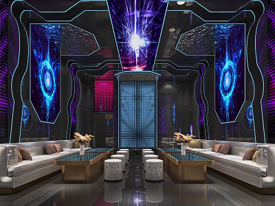 Modern KTV Lounge Interior With Purple Blue Neon Lights And Comfortable Sofas Coffee Tables 3d model