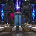 Modern KTV Lounge Interior With Purple Blue Neon Lights And Comfortable Sofas Coffee Tables