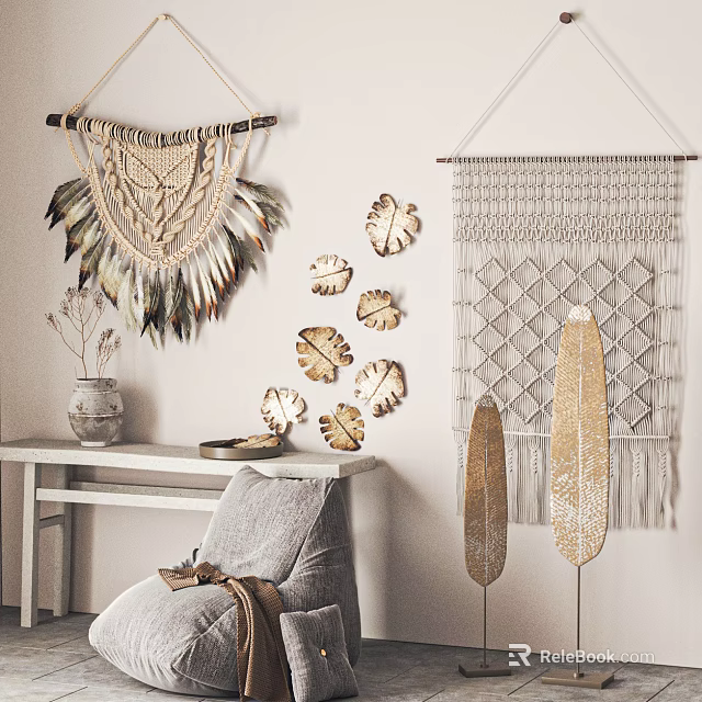 Bohemian Room Decor With Macramé Wall Hangings Feather And Leaf Art 3d model 