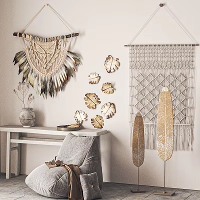 Bohemian Room Decor With Macramé Wall Hangings Feather And Leaf Art 3d model