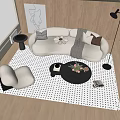 Modern White Curved Sofa Coffee Table Set With Polka Dot Rug and Floor Lamp