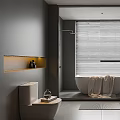 Modern Gray Bathroom Interior Design With Bathtub Vanity Mirror Blinds And Tiled Floor