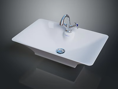 Modern White Square Bathroom Sink Basin With Chrome Faucet And Sleek Design 3d model