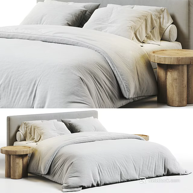Minimalist Double Bed Interior With Soft Gray Bedding And Wooden Side Stool 3d model 