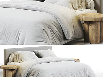Minimalist Double Bed Interior With Soft Gray Bedding And Wooden Side Stool 3d model