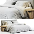Minimalist Double Bed Interior With Soft Gray Bedding And Wooden Side Stool