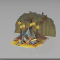 Autumn Forest Camp Scene with Campfire Tent Yellow Trees and Rocks