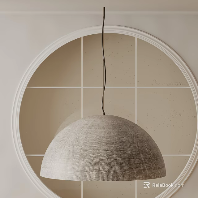 Gray Fabric Ball Shaped Pendant Light in Beige Wall Interior with Round White Frame 3d model 