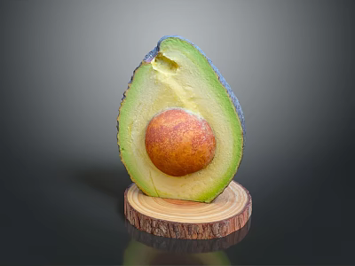 Fresh Ripe Avocado Halved with Visible Seed on Wooden Base Stand 3d model