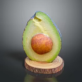 Fresh Ripe Avocado Halved with Visible Seed on Wooden Base Stand