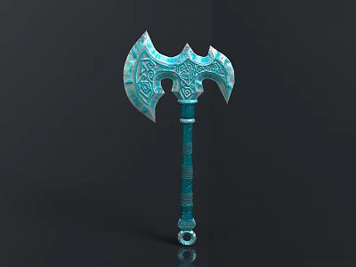 Teal Fantasy Axe With Intricate Carvings Decorative Handle Symmetric Blade And Ornamental Ring Base 3d model