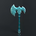 Teal Fantasy Axe With Intricate Carvings Decorative Handle Symmetric Blade And Ornamental Ring Base