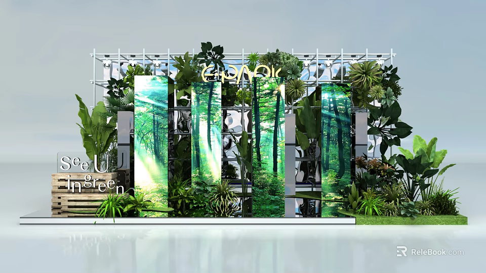Garden Themed Floral Display Featuring Lush Greenery Vertical Plant Panels And Decorative Plants 3d model 