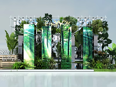 Garden Themed Floral Display Featuring Lush Greenery Vertical Plant Panels And Decorative Plants 3d model