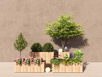 Decorative Bonsai Potted Plants Featuring Different Tree Shrubs and Flowers in Wooden Planters 3d model