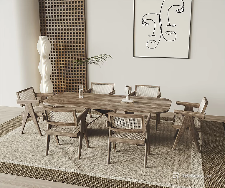 Contemporary Wooden Dining Table Set With Woven Chairs And Textured Rug 3d model 