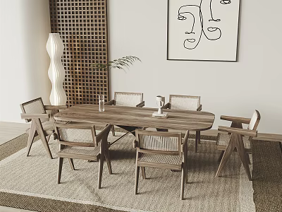 Contemporary Wooden Dining Table Set With Woven Chairs And Textured Rug 3d model