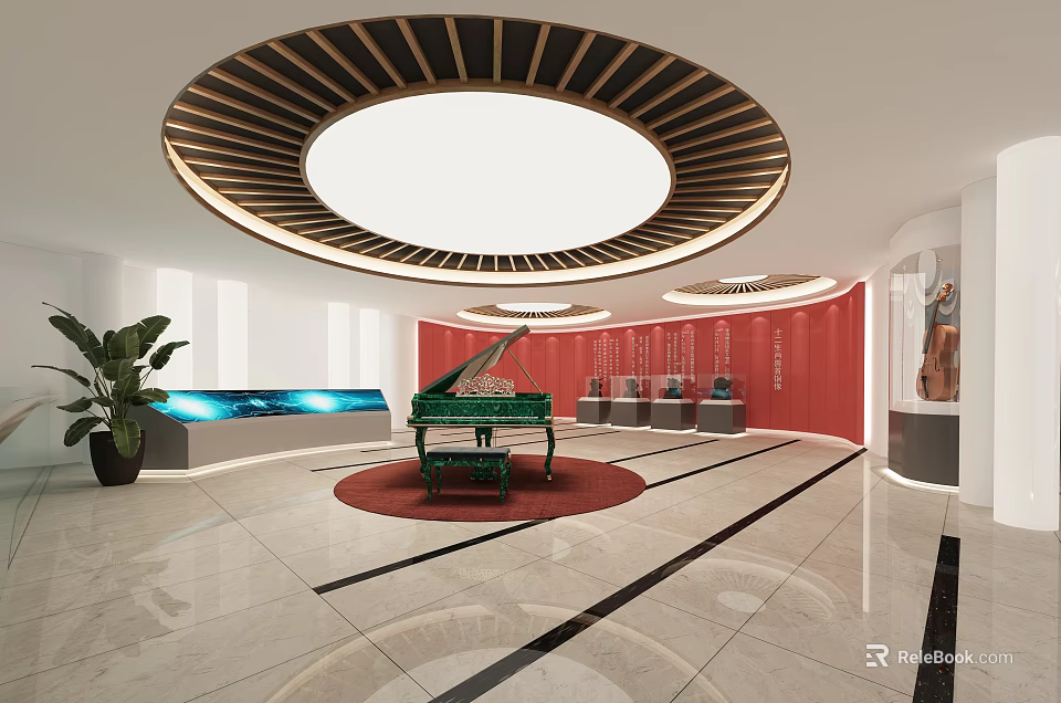 Elegant Cultural Center Interior With Green Piano Display Cabinets Red Walls And Circular Ceiling 3d model 